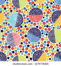 Decorative abstract polka dots in the style of the 60s.
 Cheerful polka dot vector seamless pattern. Can be used in textile industry, paper, background, scrapbooking.