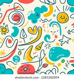 Decorative abstract seamless background with colorful doodles. Hand drawn modern collection