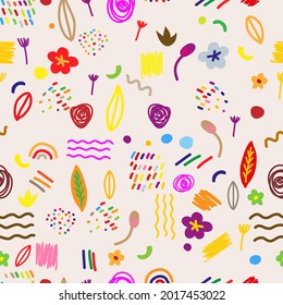 Patrón abstracto e ininterrumpido decorativo con doodles coloridos. Colección de estilo primitivo moderno dibujada a mano Ilustración simple vectorial plana