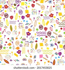 Decorative abstract seamless pattern with colorful doodles. Hand-drawn modern primitive style collection Simple flat vector illustration