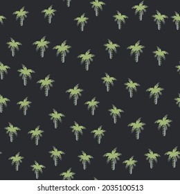 Decorative abstract seamless pattern with green little random palm tree elements. Dark background. Designed for fabric design, textile print, wrapping, cover. Vector illustration.
