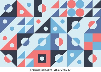 Decorative abstract seamless pattern with small shapes, drawn circles, and flat tile mosaic elements in a summer color palette
