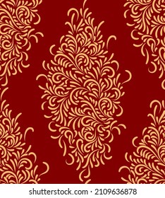 Decorative abstract seamless vector pattern of leaves. Golden, isolated from dark red background. Hand drawing
