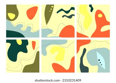 Conjunto abstracto decorativo con ocho cuadrados. La mano dibujó varias formas y garabatos. Esquema de color étnico