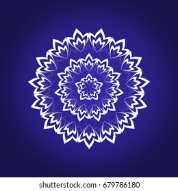 Decorative abstract snowflake on blue gradient background.