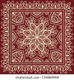 Decorative abstract stylized geometric background, floral doodle lace pattern with ornate frame. Tribal ethnic ornament. Bandanna shawl fabric print, silk neck scarf or kerchief design