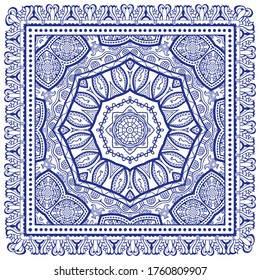 Fondo geométrico estilizado y abstracto decorativo, patrón de encaje de doodle floral con marco ornamentado. Ornamento étnico tribal. Impresión de tela de chal de Bandanna, pañuelo de cuello de seda o diseño de pañuelo