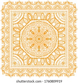 Decorative abstract stylized geometric background, floral doodle lace pattern with ornate frame. Tribal ethnic ornament. Bandanna shawl fabric print, silk neck scarf or kerchief design