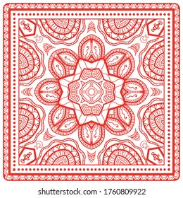 Decorative abstract stylized geometric background, floral doodle lace pattern with ornate frame. Tribal ethnic ornament. Bandanna shawl fabric print, silk neck scarf or kerchief design