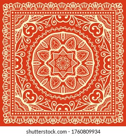 Dekoratives abstraktes, geometrisches Hintergrundbild, Blumenmuster mit orangefarbenem Rahmen. Ethische Ornamente aus Stämmen. Bandanna Shawl Stoffdruck, Seidenhalsschal oder Kerochdesign