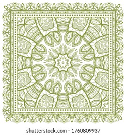 Decorative abstract stylized geometric background, floral doodle lace pattern with ornate frame. Tribal ethnic ornament. Bandanna shawl fabric print, silk neck scarf or kerchief design