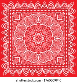 Dekoratives abstraktes, geometrisches Hintergrundbild, Blumenmuster mit orangefarbenem Rahmen. Ethische Ornamente aus Stämmen. Bandanna Shawl Stoffdruck, Seidenhalsschal oder Kerochdesign