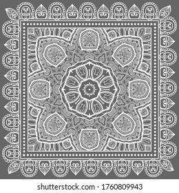 Decorative abstract stylized geometric background, floral doodle lace pattern with ornate frame. Tribal ethnic ornament. Bandanna shawl fabric print, silk neck scarf or kerchief design