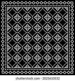 Fondo geométrico estilizado abstracto decorativo. Patrón blanco y negro con marco ornamentado. Ornamento étnico tribal. Impresión de tela de chal de Bandanna, pañuelo de cuello de seda o diseño de pañuelo
