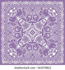 Decorative abstract stylized geometric background, floral doodle lace pattern with ornate frame. Tribal ethnic ornament. Bandanna shawl fabric print, silk neck scarf or kerchief design