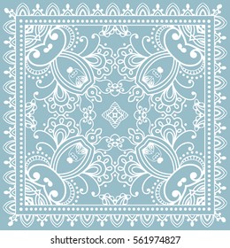 Decorative abstract stylized geometric background, floral doodle lace pattern with ornate frame. Tribal ethnic ornament. Bandanna shawl fabric print, silk neck scarf or kerchief design