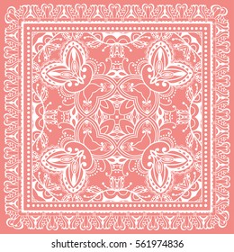 Decorative abstract stylized geometric background, floral doodle lace pattern with ornate frame. Tribal ethnic ornament. Bandanna shawl fabric print, silk neck scarf or kerchief design