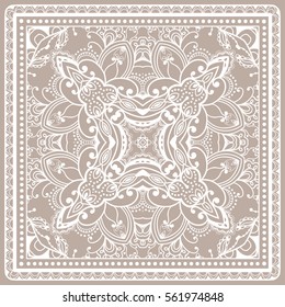 Decorative abstract stylized geometric background, floral doodle lace pattern with ornate frame. Tribal ethnic ornament. Bandanna shawl fabric print, silk neck scarf or kerchief design