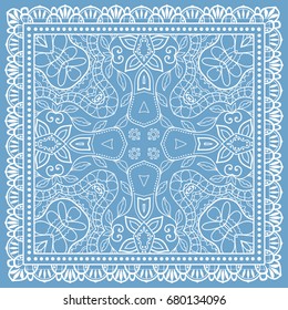 Decorative abstract stylized geometric background, floral doodle lace pattern with ornate frame. Tribal ethnic ornament. Bandanna shawl fabric print, silk neck scarf or kerchief design