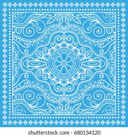 Decorative abstract stylized geometric background, floral doodle lace pattern with ornate frame. Tribal ethnic ornament. Bandanna shawl fabric print, silk neck scarf or kerchief design