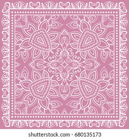 Decorative abstract stylized geometric background, floral doodle lace pattern with ornate frame. Tribal ethnic ornament. Bandanna shawl fabric print, silk neck scarf or kerchief design
