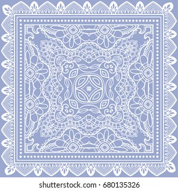 Decorative abstract stylized geometric background, floral doodle lace pattern with ornate frame. Tribal ethnic ornament. Bandanna shawl fabric print, silk neck scarf or kerchief design