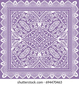 Decorative abstract stylized geometric background, floral doodle lace pattern with ornate frame. Tribal ethnic ornament. Bandanna shawl fabric print, silk neck scarf or kerchief design