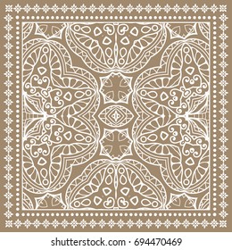 Decorative abstract stylized geometric background, floral doodle lace pattern with ornate frame. Tribal ethnic ornament. Bandanna shawl fabric print, silk neck scarf or kerchief design