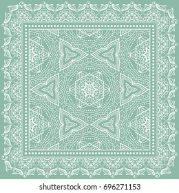 Decorative abstract stylized geometric background, floral doodle lace pattern with ornate frame. Tribal ethnic ornament. Bandanna shawl fabric print, silk neck scarf or kerchief design