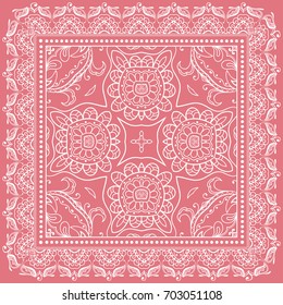 Decorative abstract stylized geometric background, floral doodle lace pattern with ornate frame. Tribal ethnic ornament. Bandanna shawl fabric print, silk neck scarf or kerchief design