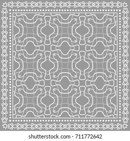 Decorative abstract stylized geometric background, floral doodle lace pattern with ornate frame. Tribal ethnic ornament. Bandanna shawl fabric print, silk neck scarf or kerchief design
