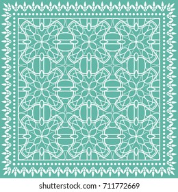 Decorative abstract stylized geometric background, floral doodle lace pattern with ornate frame. Tribal ethnic ornament. Bandanna shawl fabric print, silk neck scarf or kerchief design