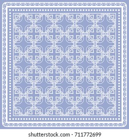 Decorative abstract stylized geometric background, floral doodle lace pattern with ornate frame. Tribal ethnic ornament. Bandanna shawl fabric print, silk neck scarf or kerchief design