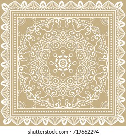 Decorative abstract stylized geometric background, floral doodle lace pattern with ornate frame. Tribal ethnic ornament. Bandanna shawl fabric print, silk neck scarf or kerchief design
