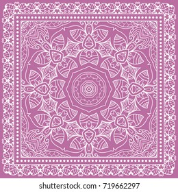 Decorative abstract stylized geometric background, floral doodle lace pattern with ornate frame. Tribal ethnic ornament. Bandanna shawl fabric print, silk neck scarf or kerchief design