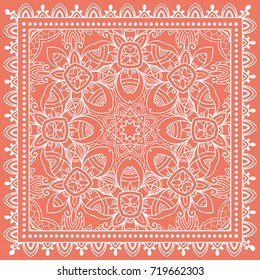 Decorative abstract stylized geometric background, floral doodle lace pattern with ornate frame. Tribal ethnic ornament. Bandanna shawl fabric print, silk neck scarf or kerchief design