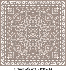 Decorative abstract stylized geometric background, floral doodle lace pattern with ornate frame. Tribal ethnic ornament. Bandanna shawl fabric print, silk neck scarf or kerchief design