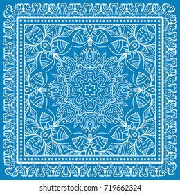 Decorative abstract stylized geometric background, floral doodle lace pattern with ornate frame. Tribal ethnic ornament. Bandanna shawl fabric print, silk neck scarf or kerchief design