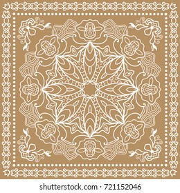 Decorative abstract stylized geometric background, floral doodle lace pattern with ornate frame. Tribal ethnic ornament. Bandanna shawl fabric print, silk neck scarf or kerchief design