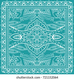 Decorative abstract stylized geometric background, floral doodle lace pattern with ornate frame. Tribal ethnic ornament. Bandanna shawl fabric print, silk neck scarf or kerchief design