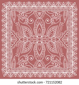 Decorative abstract stylized geometric background, floral doodle lace pattern with ornate frame. Tribal ethnic ornament. Bandanna shawl fabric print, silk neck scarf or kerchief design