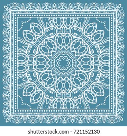 Decorative abstract stylized geometric background, floral doodle lace pattern with ornate frame. Tribal ethnic ornament. Bandanna shawl fabric print, silk neck scarf or kerchief design
