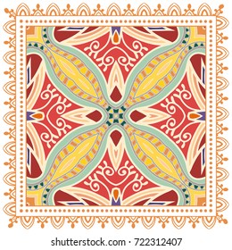 Decorative abstract stylized geometric background, floral doodle lace pattern with ornate frame. Tribal ethnic ornament. Bandanna shawl fabric print, silk neck scarf or kerchief design