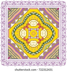 Decorative abstract stylized geometric background, floral doodle lace pattern with ornate frame. Tribal ethnic ornament. Bandanna shawl fabric print, silk neck scarf or kerchief design