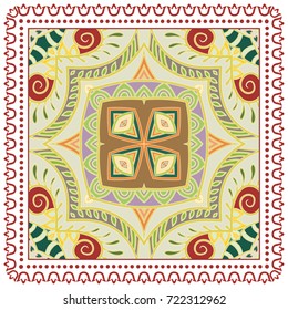 Decorative abstract stylized geometric background, floral doodle lace pattern with ornate frame. Tribal ethnic ornament. Bandanna shawl fabric print, silk neck scarf or kerchief design