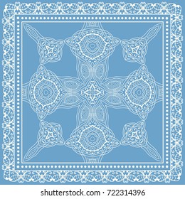Decorative abstract stylized geometric background, floral doodle lace pattern with ornate frame. Tribal ethnic ornament. Bandanna shawl fabric print, silk neck scarf or kerchief design