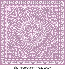 Decorative abstract stylized geometric background, floral doodle lace pattern with ornate frame. Tribal ethnic ornament. Bandanna shawl fabric print, silk neck scarf or kerchief design