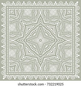 Decorative abstract stylized geometric background, floral doodle lace pattern with ornate frame. Tribal ethnic ornament. Bandanna shawl fabric print, silk neck scarf or kerchief design