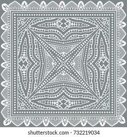Decorative abstract stylized geometric background, floral doodle lace pattern with ornate frame. Tribal ethnic ornament. Bandanna shawl fabric print, silk neck scarf or kerchief design