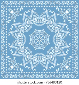 Decorative abstract stylized geometric background, floral doodle lace pattern with ornate frame. Tribal ethnic ornament. Bandanna shawl fabric print, silk neck scarf or kerchief design